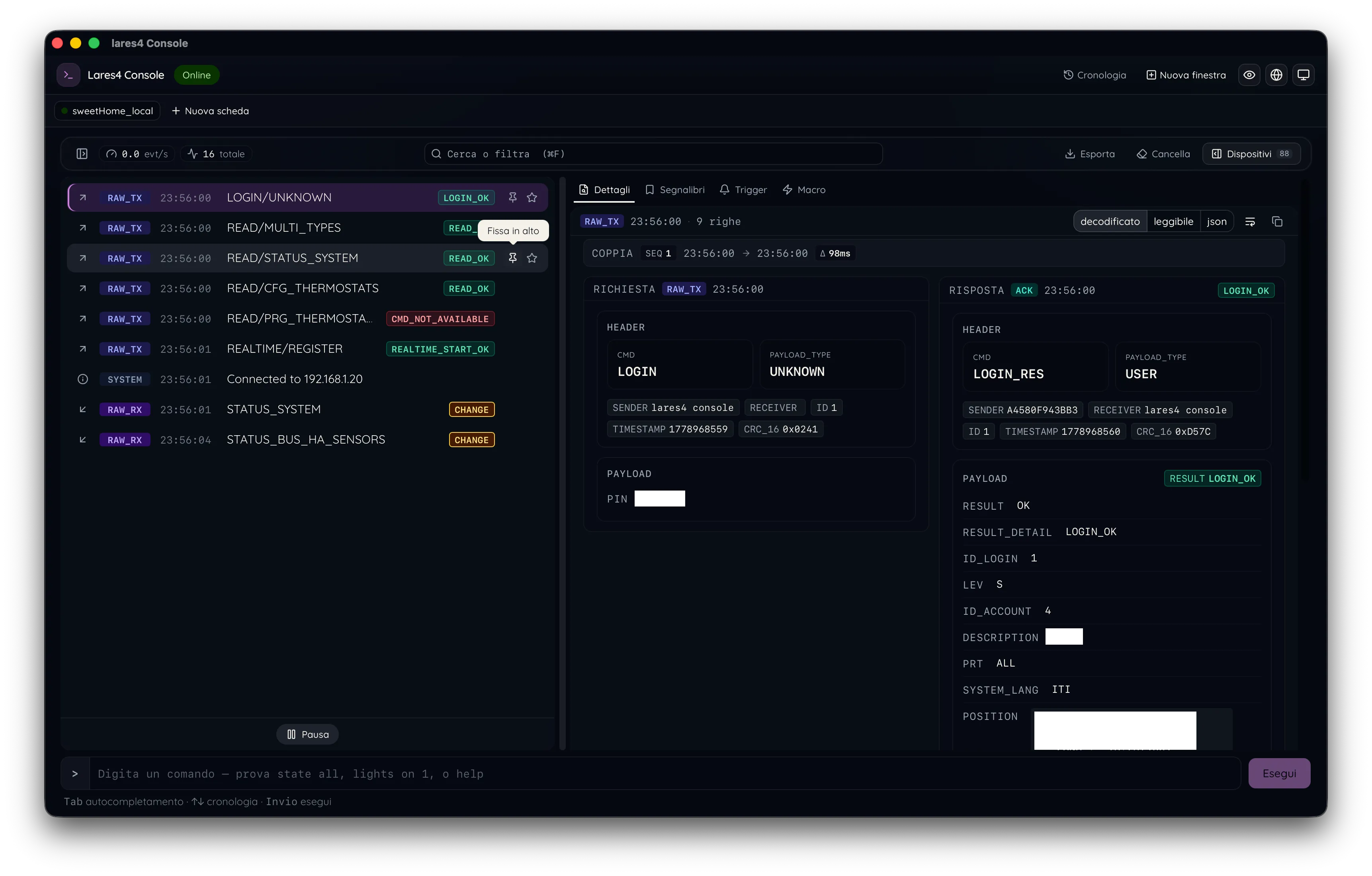 Lares 4 Console - Connected in dark mode