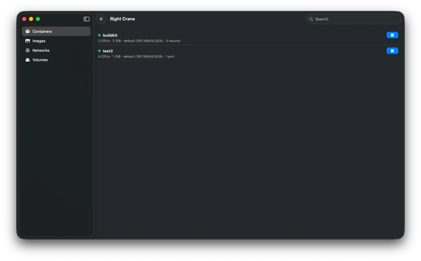 Right Crane — Containers view in dark mode