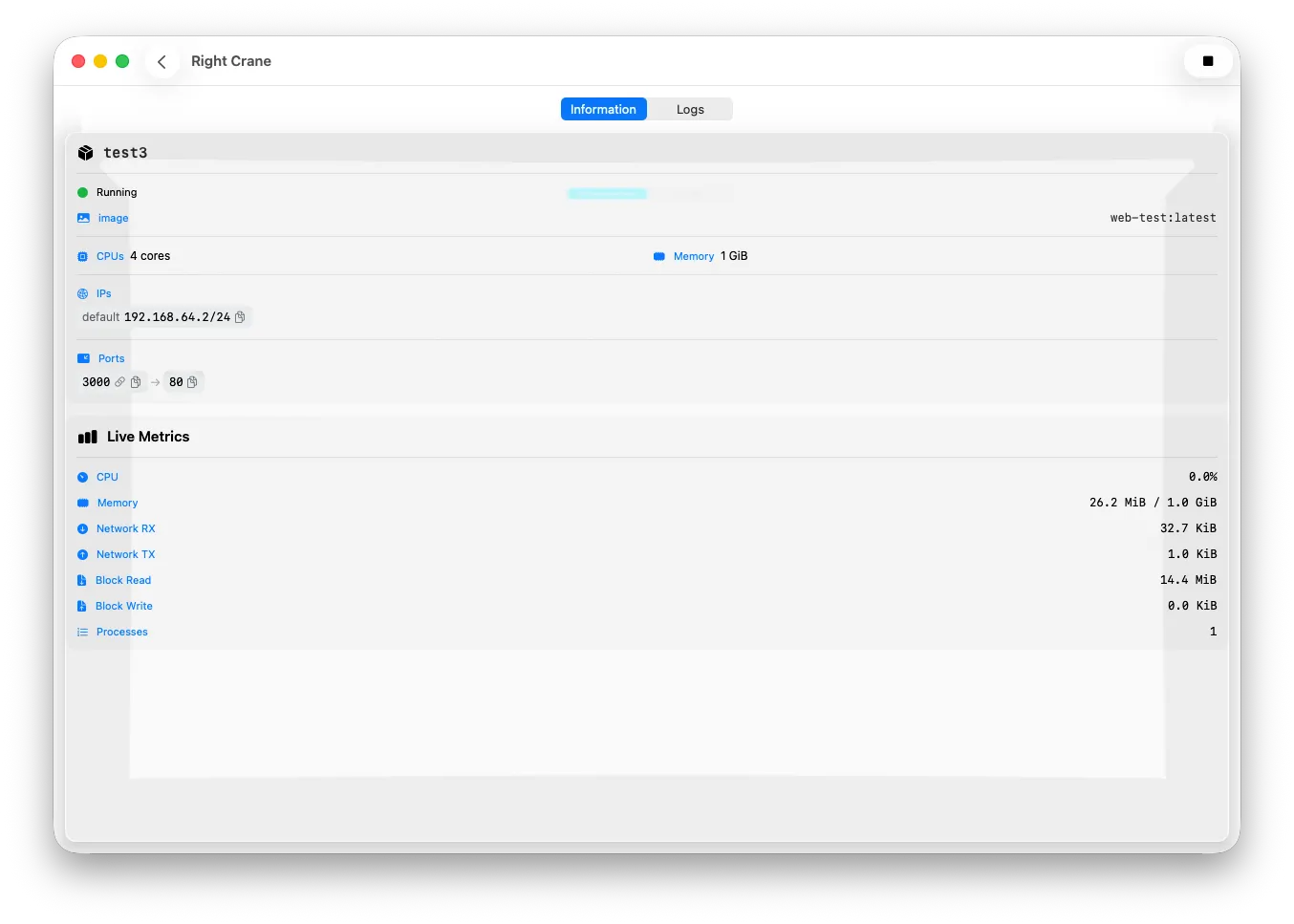 Container detail view with live metrics
