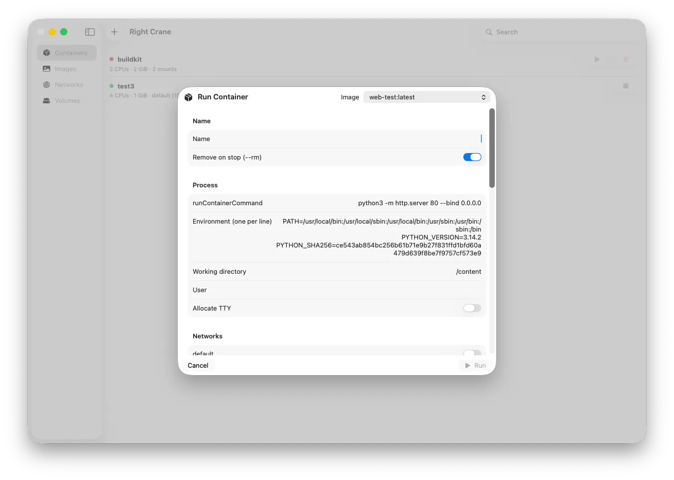 Run Container dialog