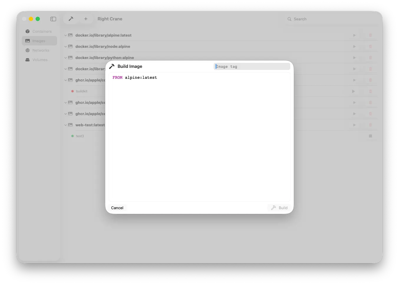 Build Image dialog with Dockerfile editor